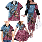 Personalised New South Wales And Queensland Family Matching Off The Shoulder Long Sleeve Dress and Hawaiian Shirt Cockroaches With Frogs Aboriginal Art