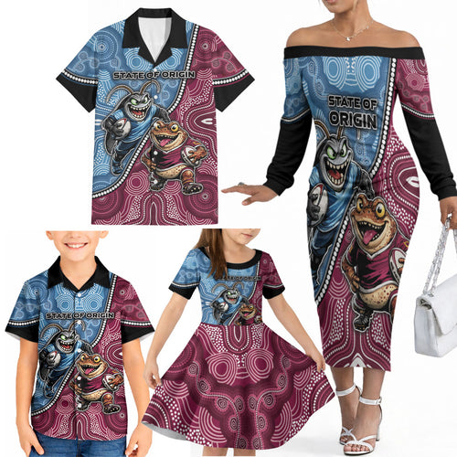 Personalised New South Wales And Queensland Family Matching Off The Shoulder Long Sleeve Dress and Hawaiian Shirt Cockroaches With Frogs Aboriginal Art