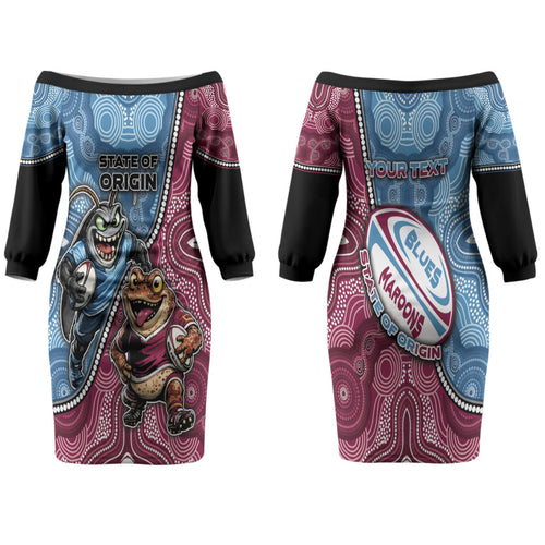 Personalised New South Wales And Queensland Family Matching Off The Shoulder Long Sleeve Dress and Hawaiian Shirt Cockroaches With Frogs Aboriginal Art