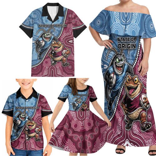 Personalised New South Wales And Queensland Family Matching Off Shoulder Maxi Dress and Hawaiian Shirt Cockroaches With Frogs Aboriginal Art