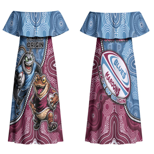 Personalised New South Wales And Queensland Family Matching Off Shoulder Maxi Dress and Hawaiian Shirt Cockroaches With Frogs Aboriginal Art