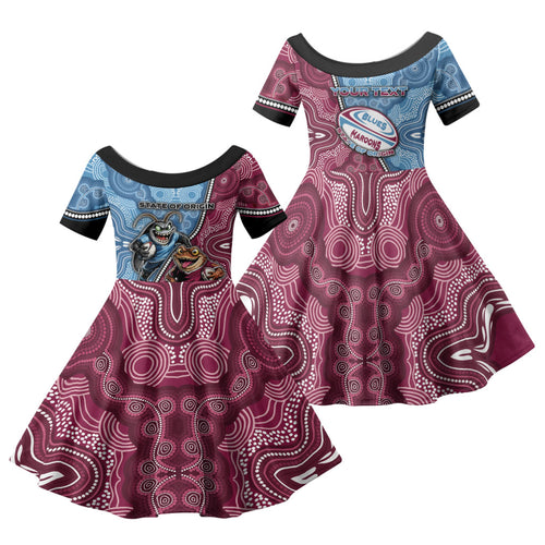 Personalised New South Wales And Queensland Family Matching Off Shoulder Maxi Dress and Hawaiian Shirt Cockroaches With Frogs Aboriginal Art
