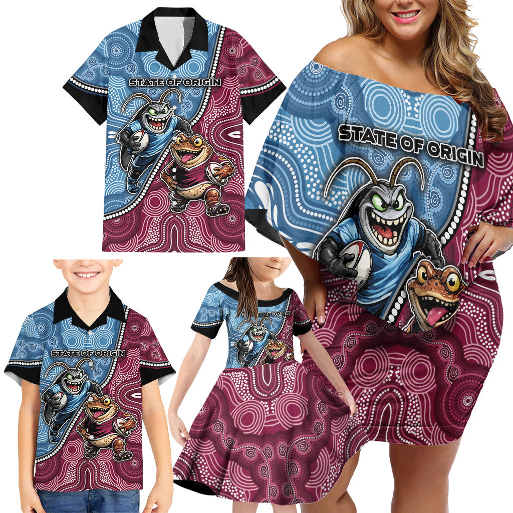 Personalised New South Wales And Queensland Family Matching Off Shoulder Short Dress and Hawaiian Shirt Cockroaches With Frogs Aboriginal Art