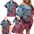 Personalised New South Wales And Queensland Family Matching Off Shoulder Short Dress and Hawaiian Shirt Cockroaches With Frogs Aboriginal Art