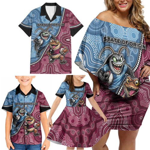 Personalised New South Wales And Queensland Family Matching Off Shoulder Short Dress and Hawaiian Shirt Cockroaches With Frogs Aboriginal Art