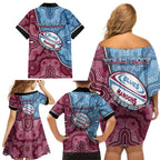 Personalised New South Wales And Queensland Family Matching Off Shoulder Short Dress and Hawaiian Shirt Cockroaches With Frogs Aboriginal Art