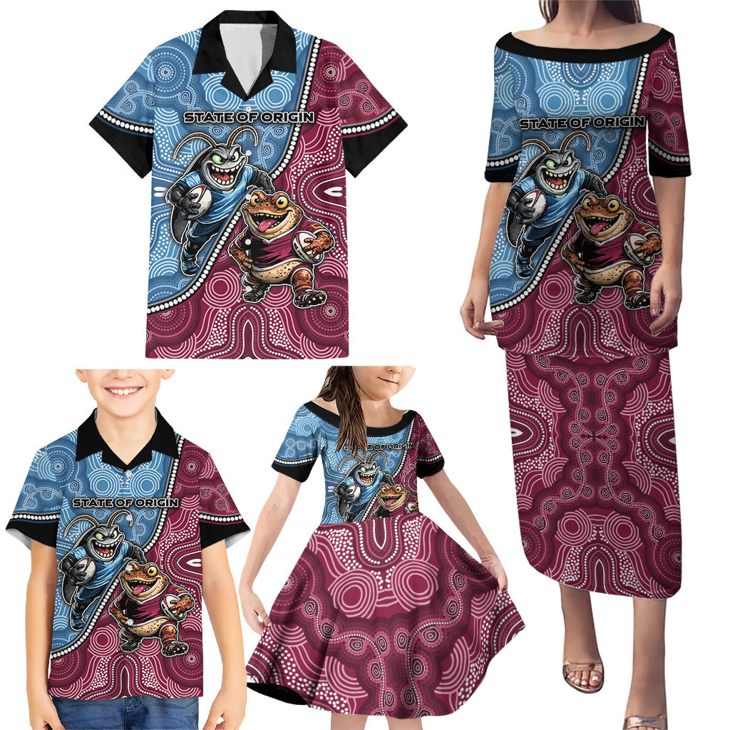 Personalised New South Wales And Queensland Family Matching Puletasi and Hawaiian Shirt Cockroaches With Frogs Aboriginal Art