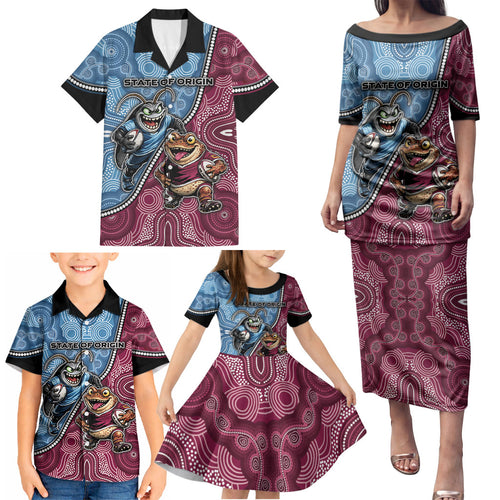 Personalised New South Wales And Queensland Family Matching Puletasi and Hawaiian Shirt Cockroaches With Frogs Aboriginal Art