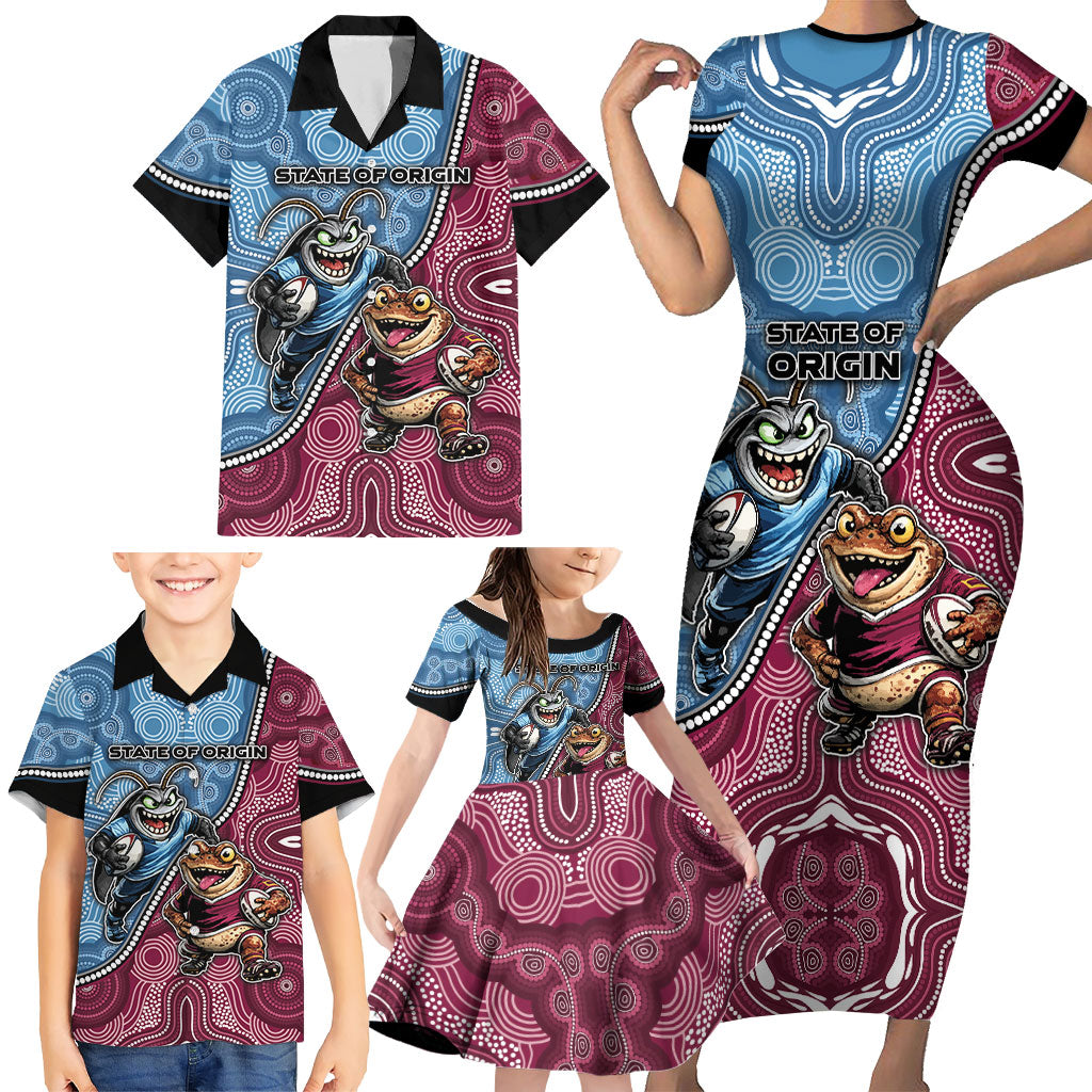 Personalised New South Wales And Queensland Family Matching Short Sleeve Bodycon Dress and Hawaiian Shirt Cockroaches With Frogs Aboriginal Art