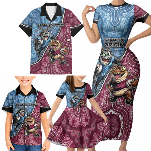 Personalised New South Wales And Queensland Family Matching Short Sleeve Bodycon Dress and Hawaiian Shirt Cockroaches With Frogs Aboriginal Art