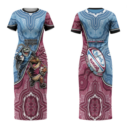 Personalised New South Wales And Queensland Family Matching Short Sleeve Bodycon Dress and Hawaiian Shirt Cockroaches With Frogs Aboriginal Art