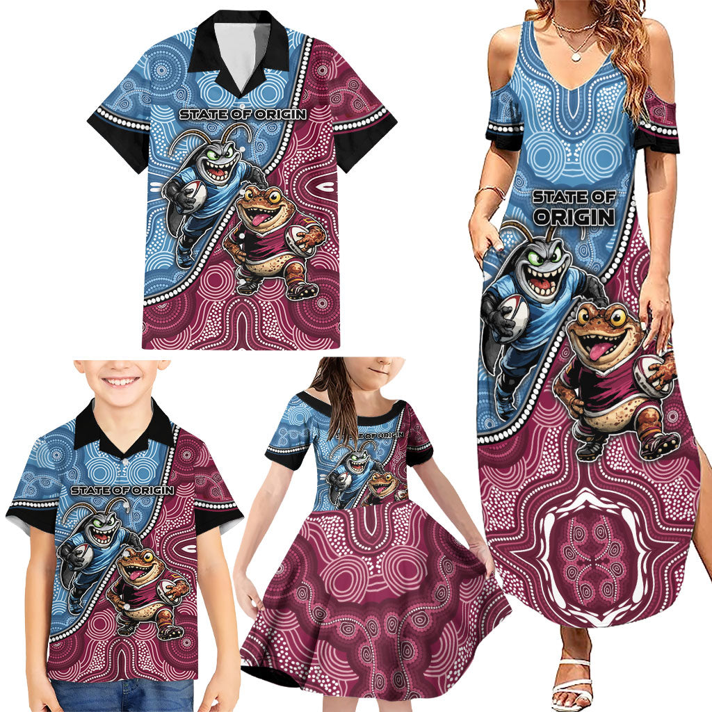 Personalised New South Wales And Queensland Family Matching Summer Maxi Dress and Hawaiian Shirt Cockroaches With Frogs Aboriginal Art