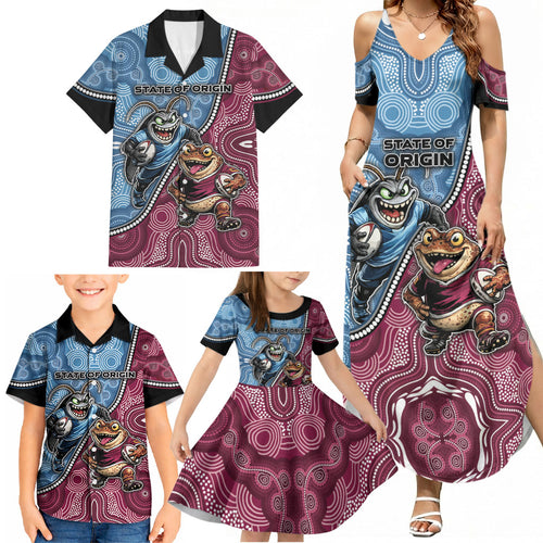Personalised New South Wales And Queensland Family Matching Summer Maxi Dress and Hawaiian Shirt Cockroaches With Frogs Aboriginal Art