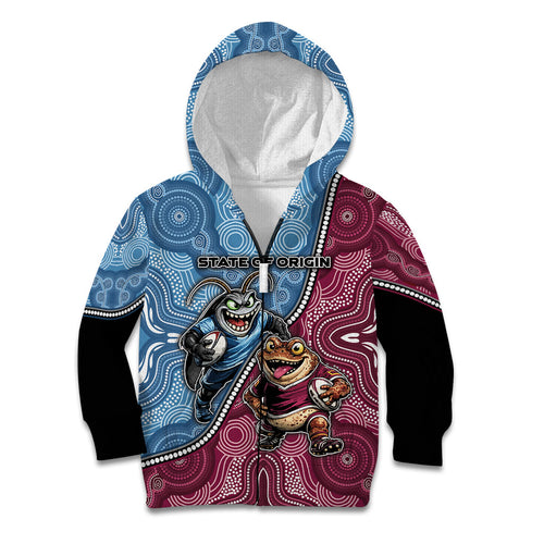 Personalised New South Wales And Queensland Kid Hoodie Cockroaches With Frogs Aboriginal Art