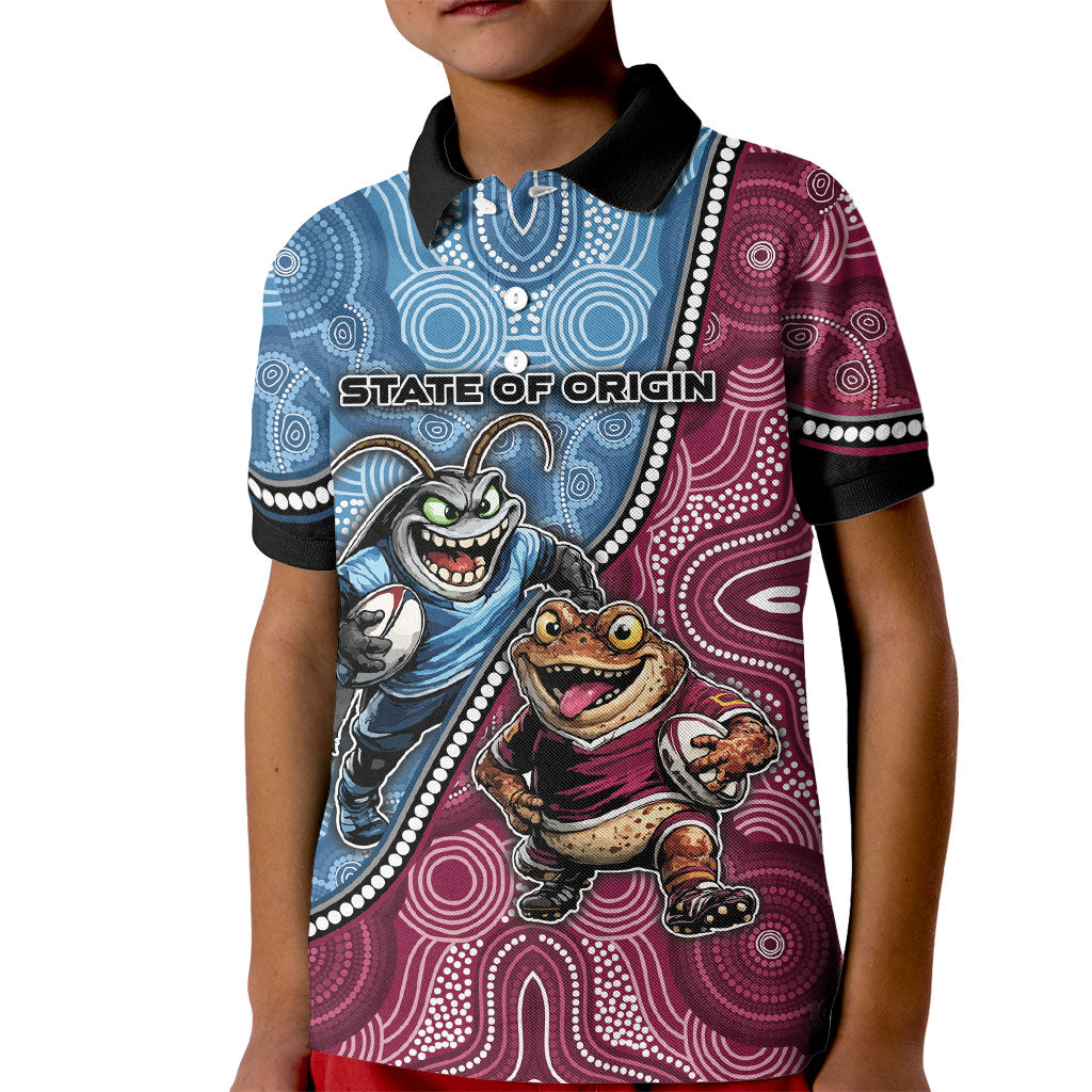 Personalised New South Wales And Queensland Kid Polo Shirt Cockroaches With Frogs Aboriginal Art