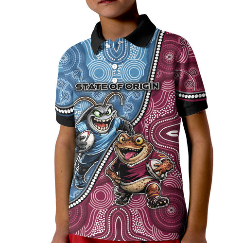 Personalised New South Wales And Queensland Kid Polo Shirt Cockroaches With Frogs Aboriginal Art
