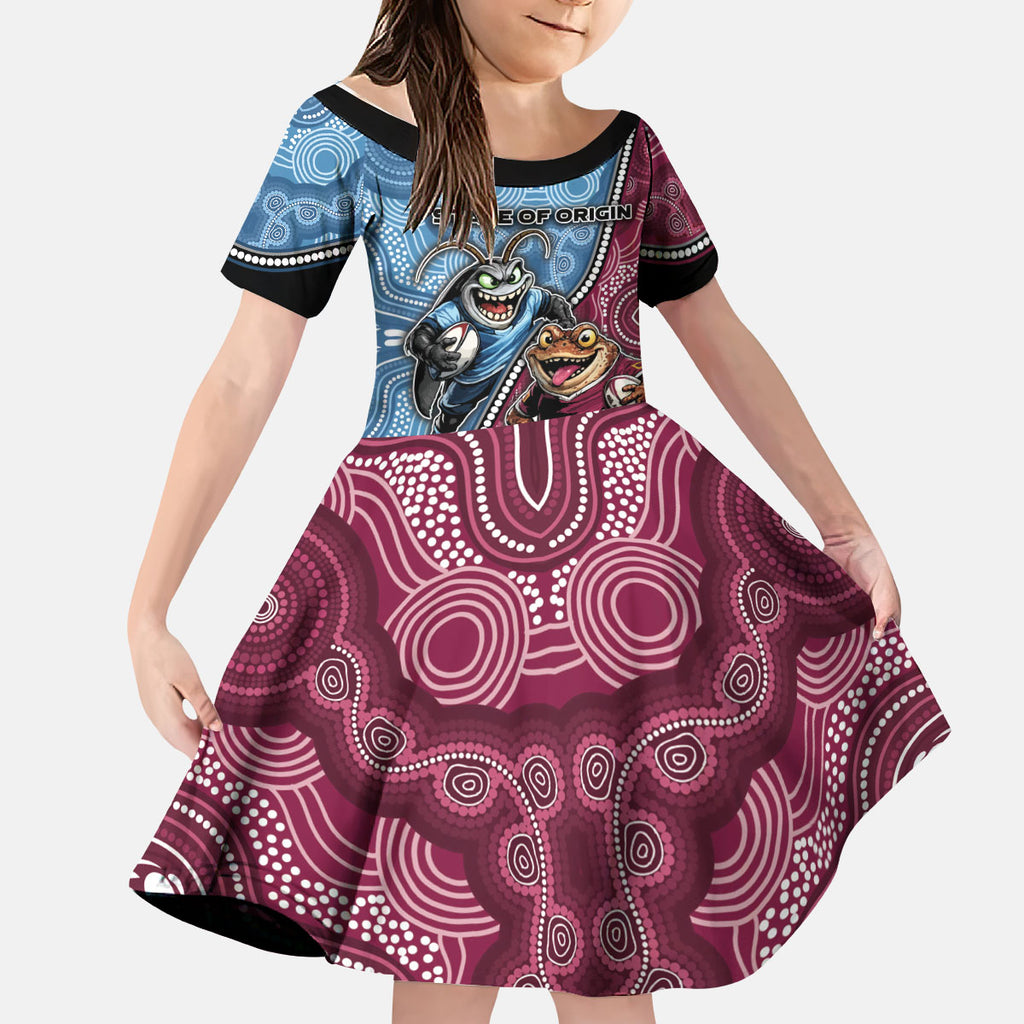 Personalised New South Wales And Queensland Kid Short Sleeve Dress Cockroaches With Frogs Aboriginal Art