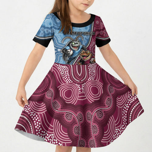 Personalised New South Wales And Queensland Kid Short Sleeve Dress Cockroaches With Frogs Aboriginal Art