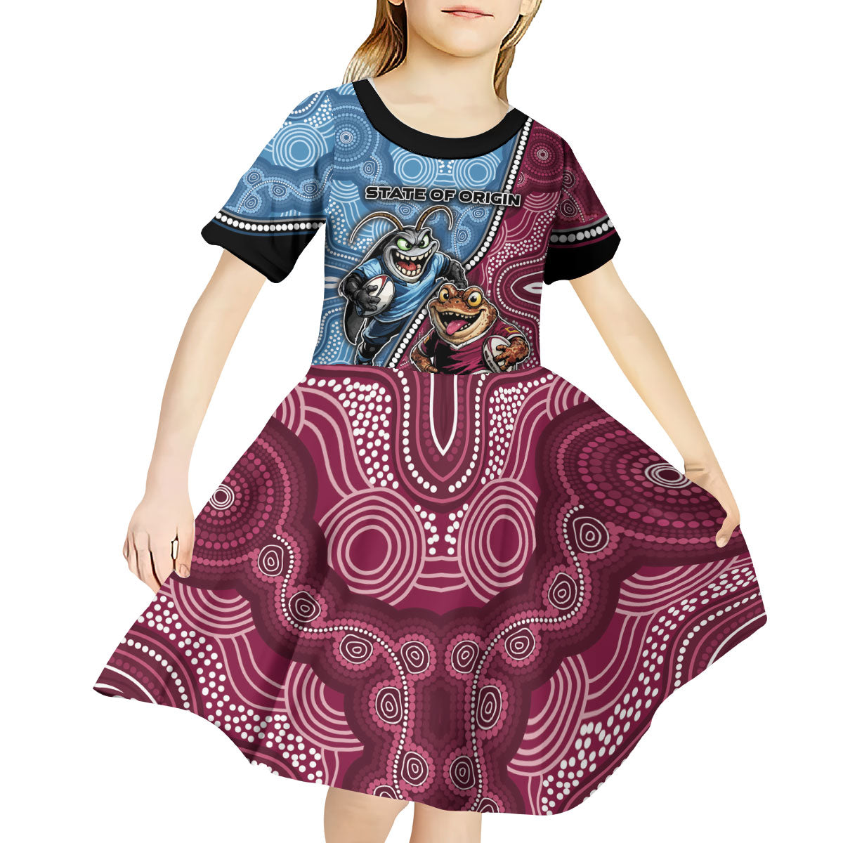 Personalised New South Wales And Queensland Kid Short Sleeve Dress Cockroaches With Frogs Aboriginal Art