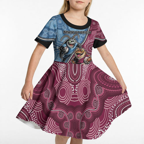 Personalised New South Wales And Queensland Kid Short Sleeve Dress Cockroaches With Frogs Aboriginal Art
