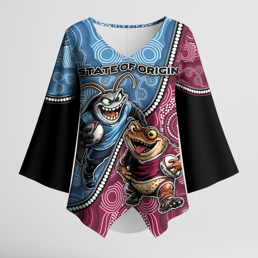 Personalised New South Wales And Queensland Kimono Sleeve Blouse Cockroaches With Frogs Aboriginal Art