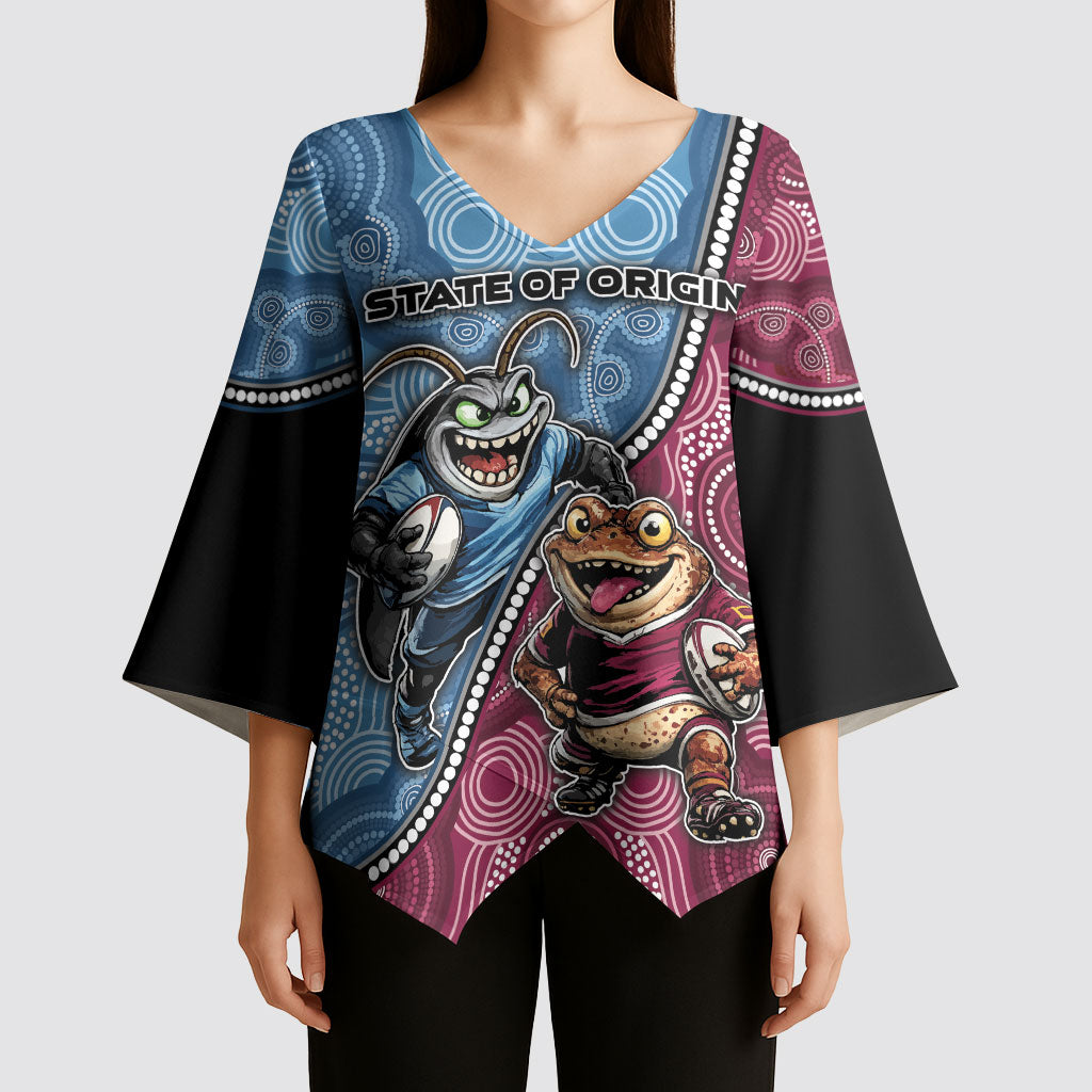Personalised New South Wales And Queensland Kimono Sleeve Blouse Cockroaches With Frogs Aboriginal Art