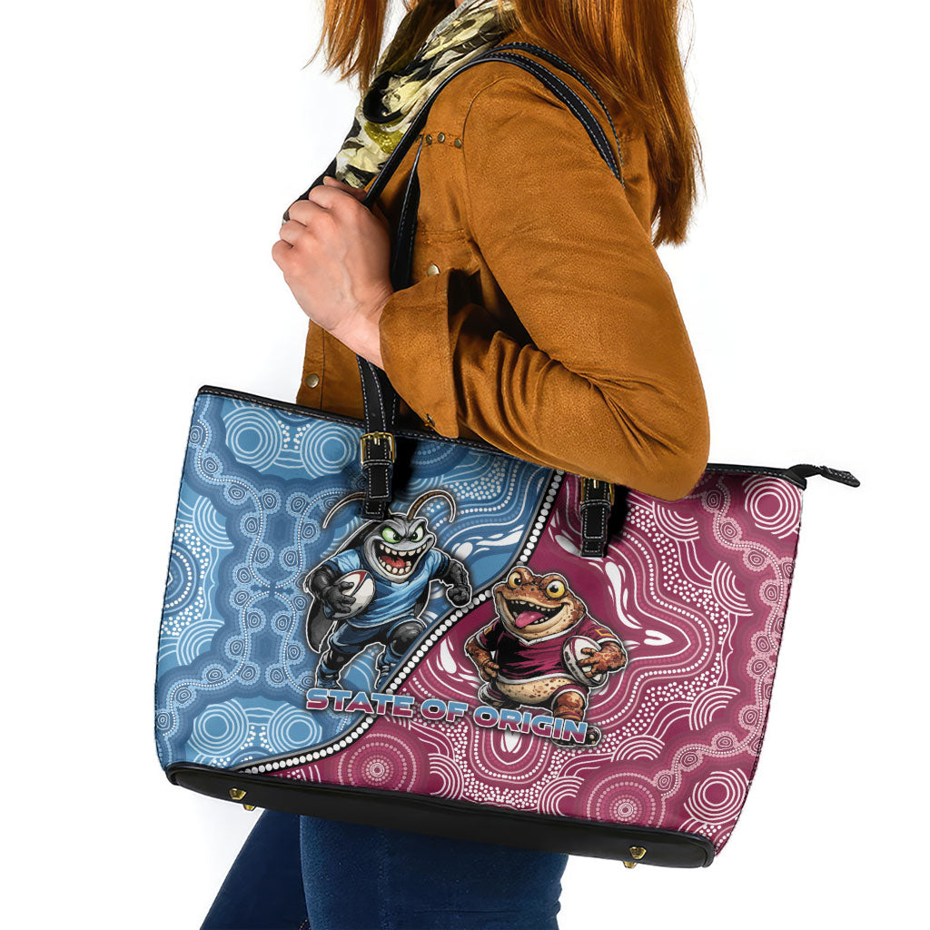 New South Wales And Queensland Leather Tote Bag Cockroaches With Frogs Aboriginal Art