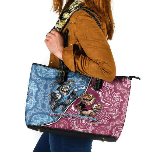 New South Wales And Queensland Leather Tote Bag Cockroaches With Frogs Aboriginal Art