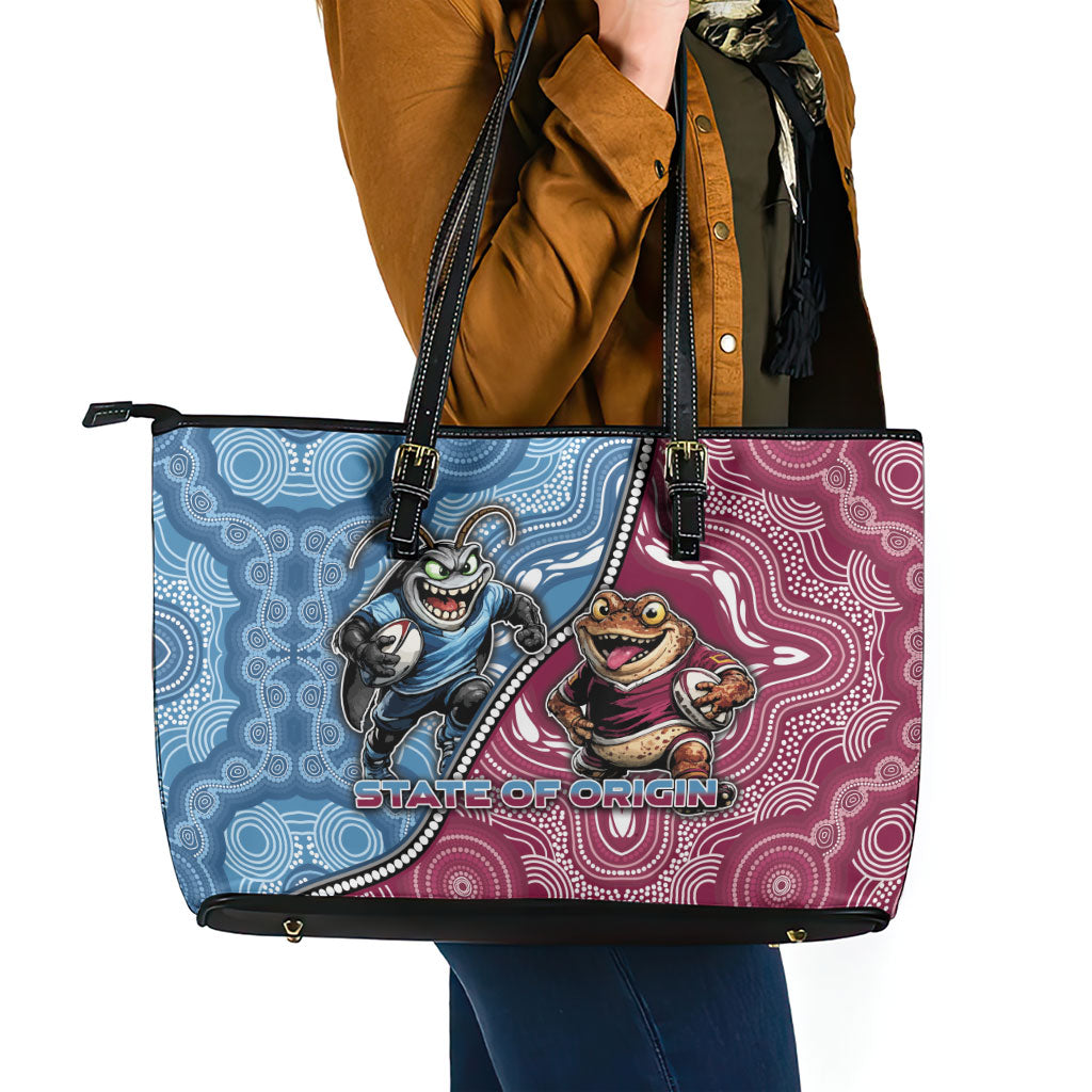 New South Wales And Queensland Leather Tote Bag Cockroaches With Frogs Aboriginal Art
