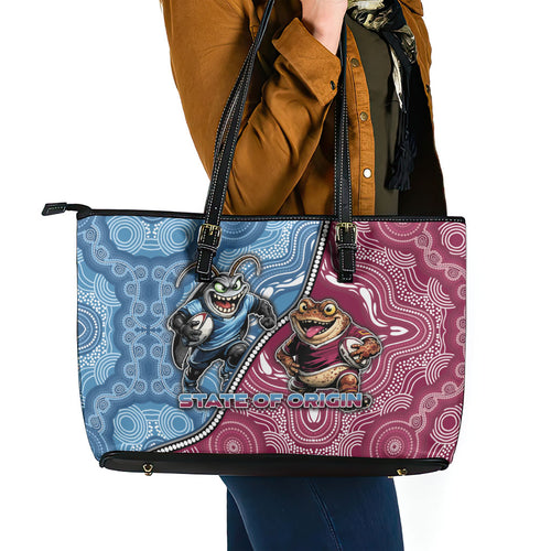 New South Wales And Queensland Leather Tote Bag Cockroaches With Frogs Aboriginal Art
