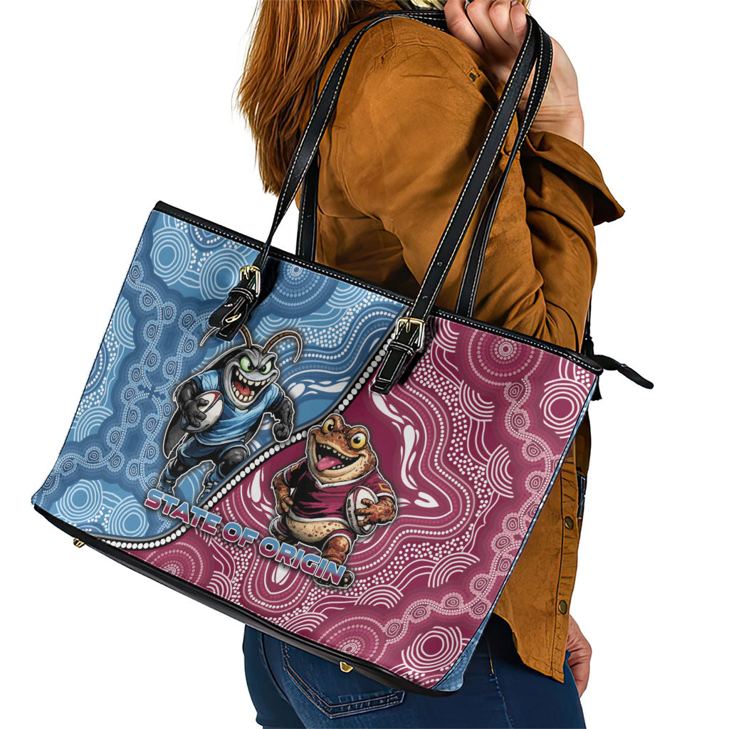 New South Wales And Queensland Leather Tote Bag Cockroaches With Frogs Aboriginal Art
