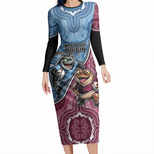 Personalised New South Wales And Queensland Long Sleeve Bodycon Dress Cockroaches With Frogs Aboriginal Art