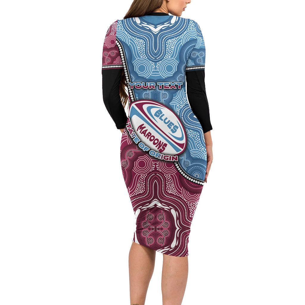 Personalised New South Wales And Queensland Long Sleeve Bodycon Dress Cockroaches With Frogs Aboriginal Art