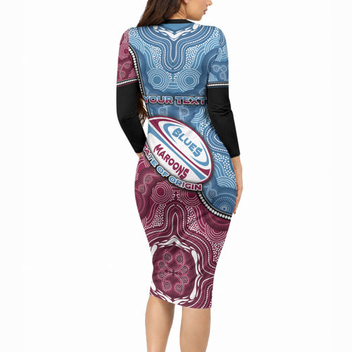 Personalised New South Wales And Queensland Long Sleeve Bodycon Dress Cockroaches With Frogs Aboriginal Art