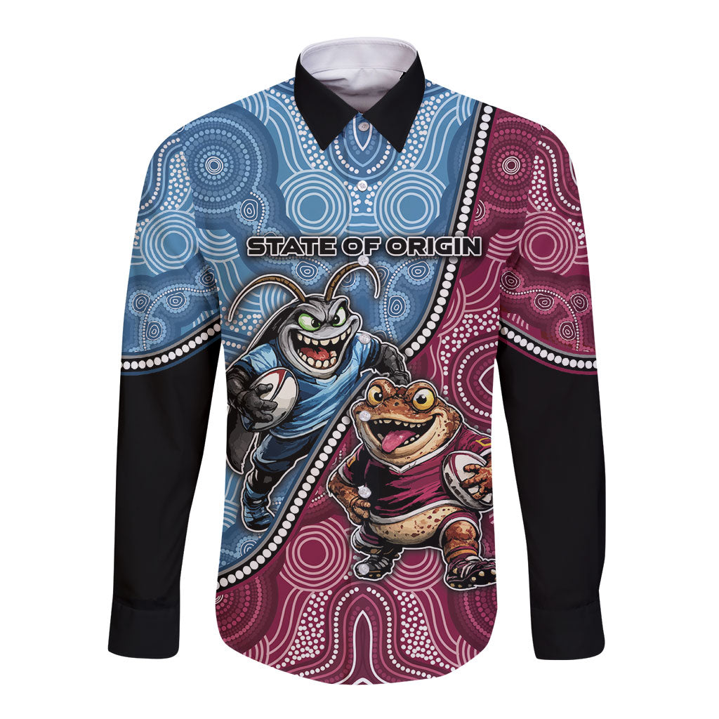 Personalised New South Wales And Queensland Long Sleeve Button Shirt Cockroaches With Frogs Aboriginal Art