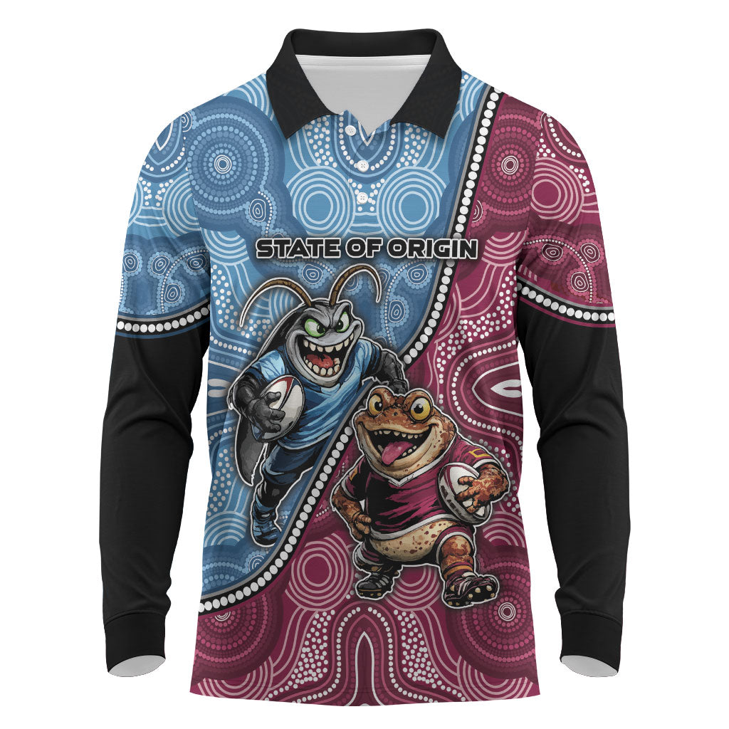 Personalised New South Wales And Queensland Long Sleeve Polo Shirt Cockroaches With Frogs Aboriginal Art