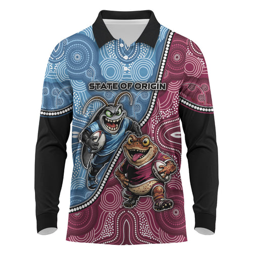 Personalised New South Wales And Queensland Long Sleeve Polo Shirt Cockroaches With Frogs Aboriginal Art