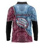 Personalised New South Wales And Queensland Long Sleeve Polo Shirt Cockroaches With Frogs Aboriginal Art