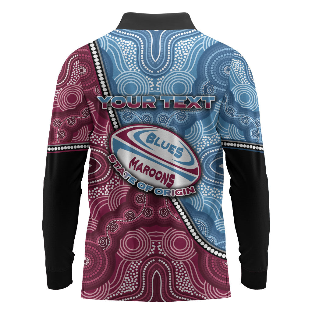 Personalised New South Wales And Queensland Long Sleeve Polo Shirt Cockroaches With Frogs Aboriginal Art