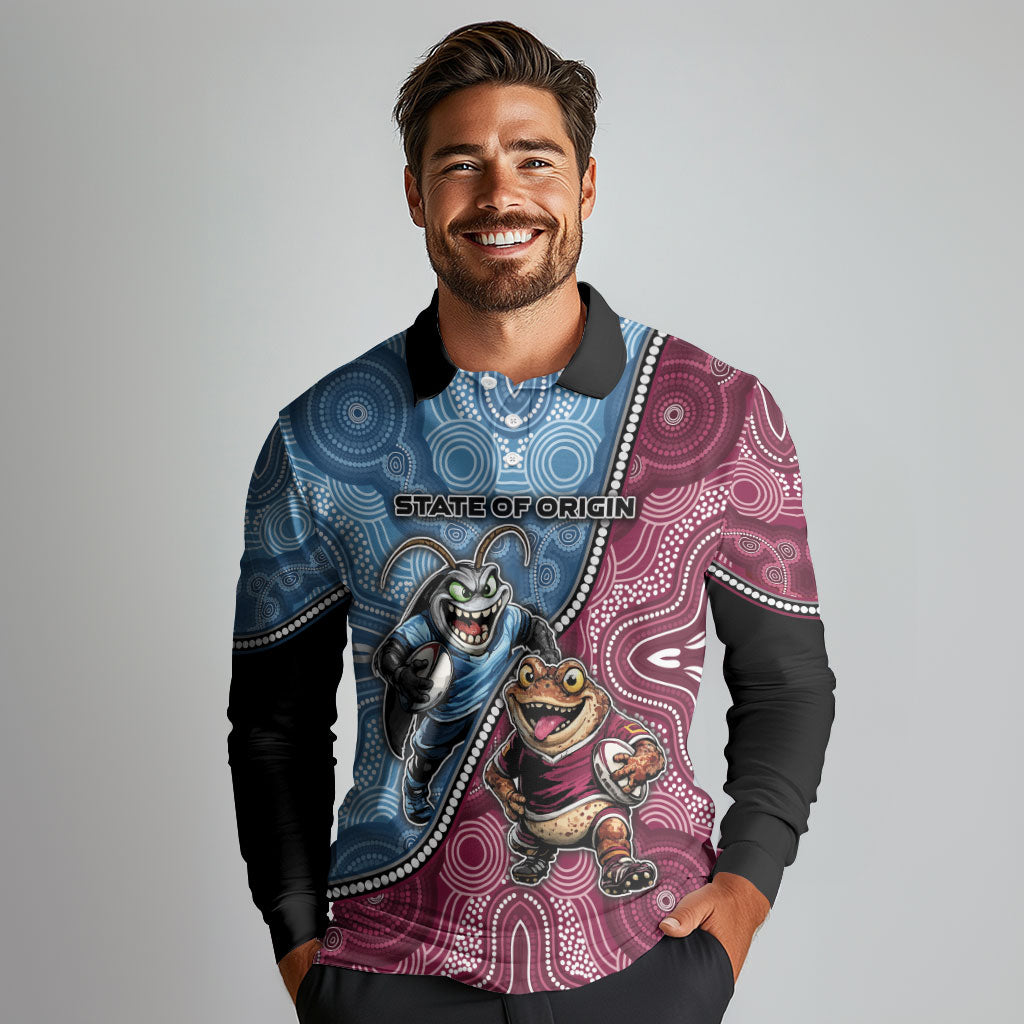 Personalised New South Wales And Queensland Long Sleeve Polo Shirt Cockroaches With Frogs Aboriginal Art