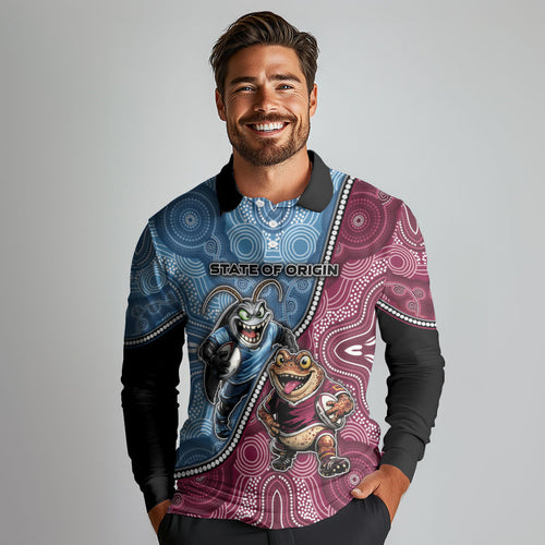 Personalised New South Wales And Queensland Long Sleeve Polo Shirt Cockroaches With Frogs Aboriginal Art