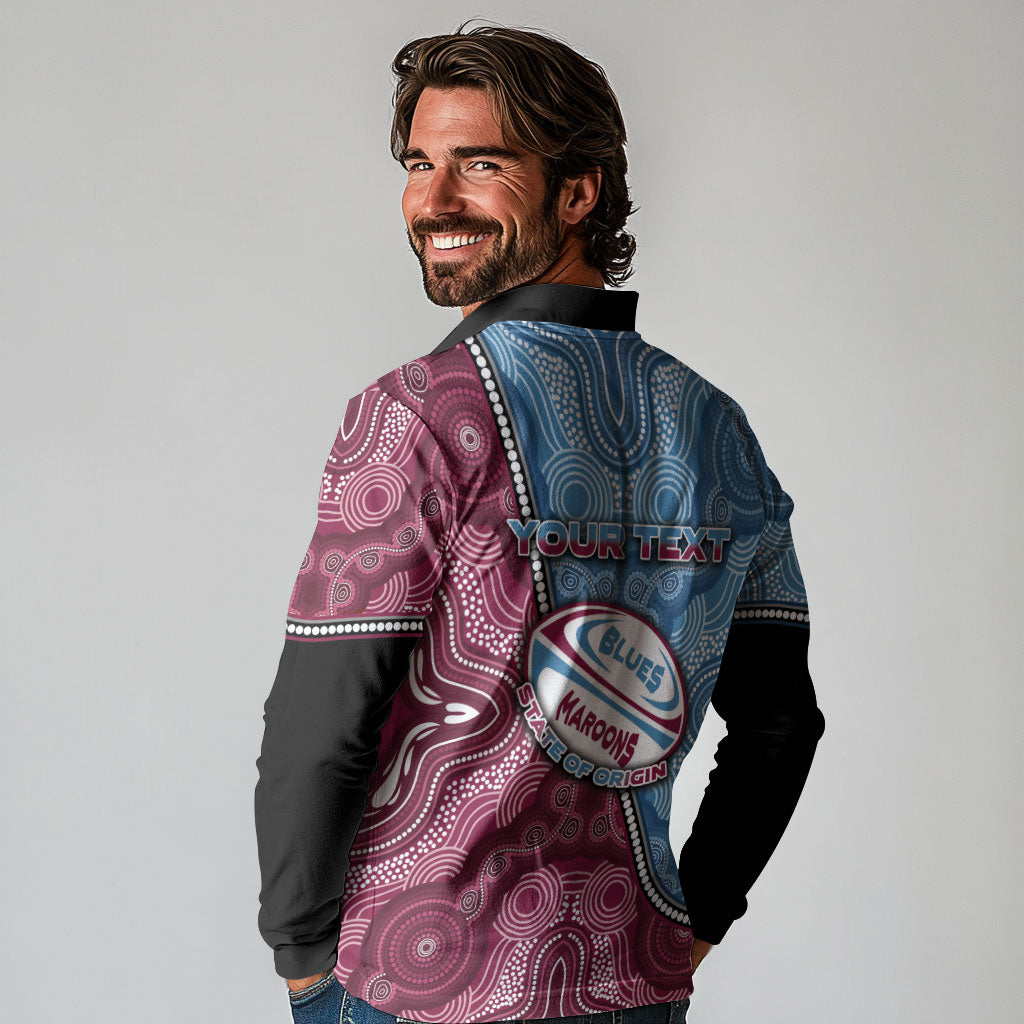 Personalised New South Wales And Queensland Long Sleeve Polo Shirt Cockroaches With Frogs Aboriginal Art
