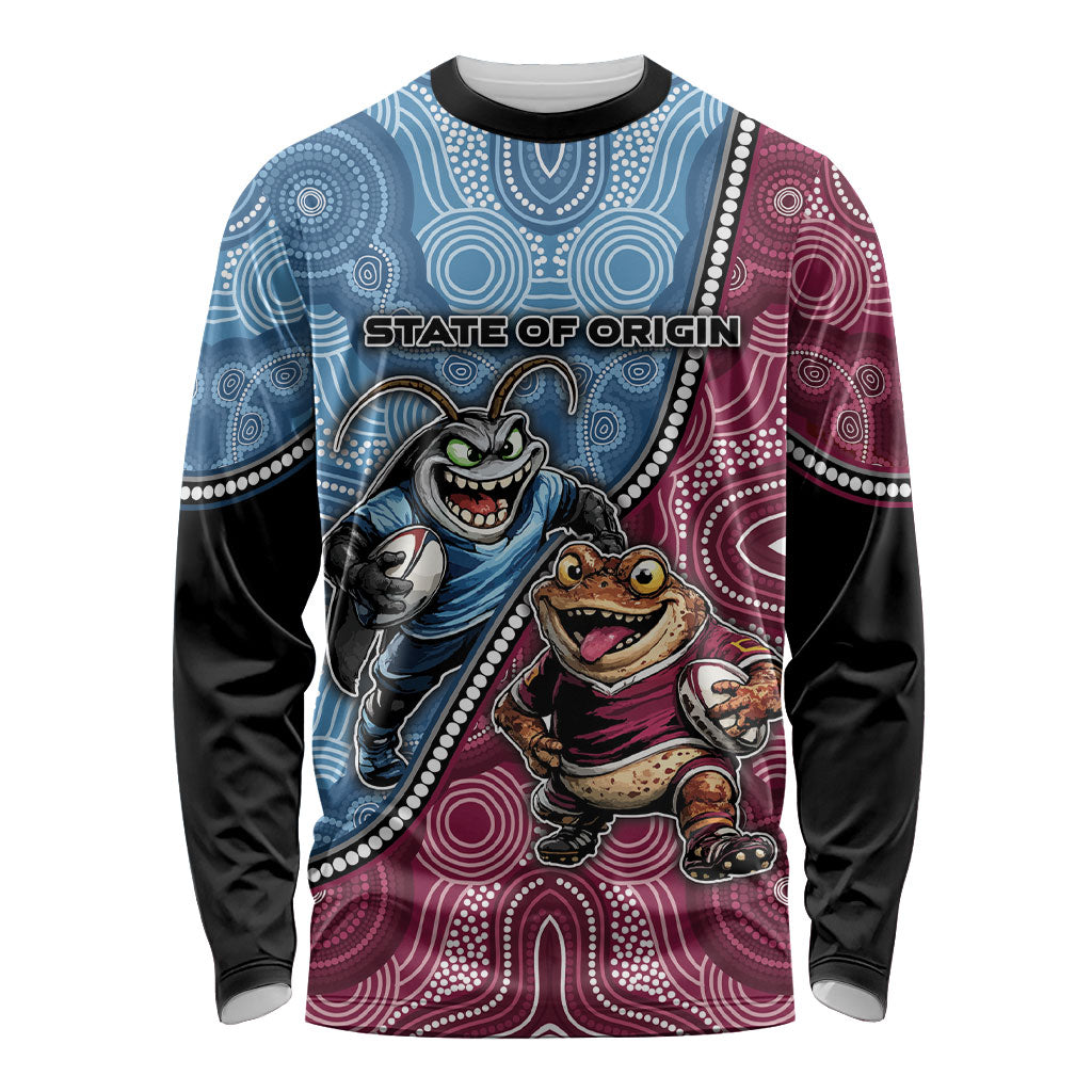 Personalised New South Wales And Queensland Long Sleeve Shirt Cockroaches With Frogs Aboriginal Art