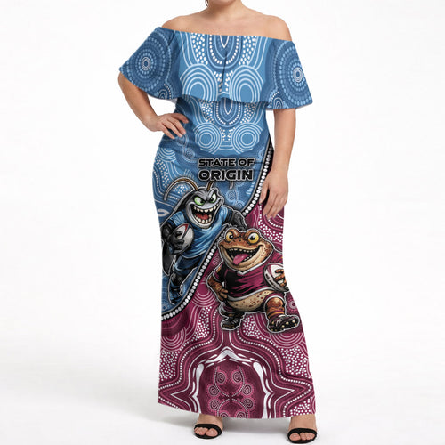 Personalised New South Wales And Queensland Off Shoulder Maxi Dress Cockroaches With Frogs Aboriginal Art
