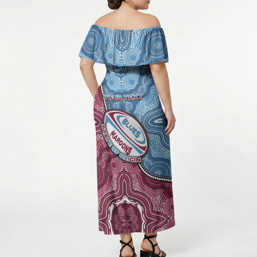 Personalised New South Wales And Queensland Off Shoulder Maxi Dress Cockroaches With Frogs Aboriginal Art