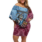 Personalised New South Wales And Queensland Off Shoulder Short Dress Cockroaches With Frogs Aboriginal Art