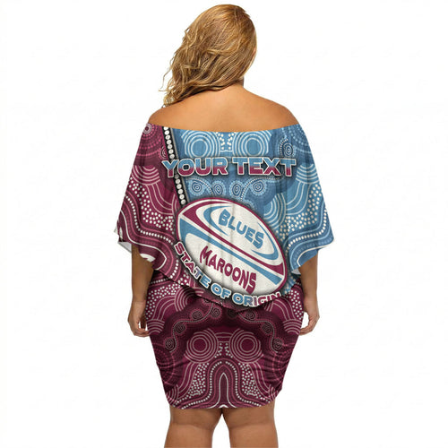 Personalised New South Wales And Queensland Off Shoulder Short Dress Cockroaches With Frogs Aboriginal Art