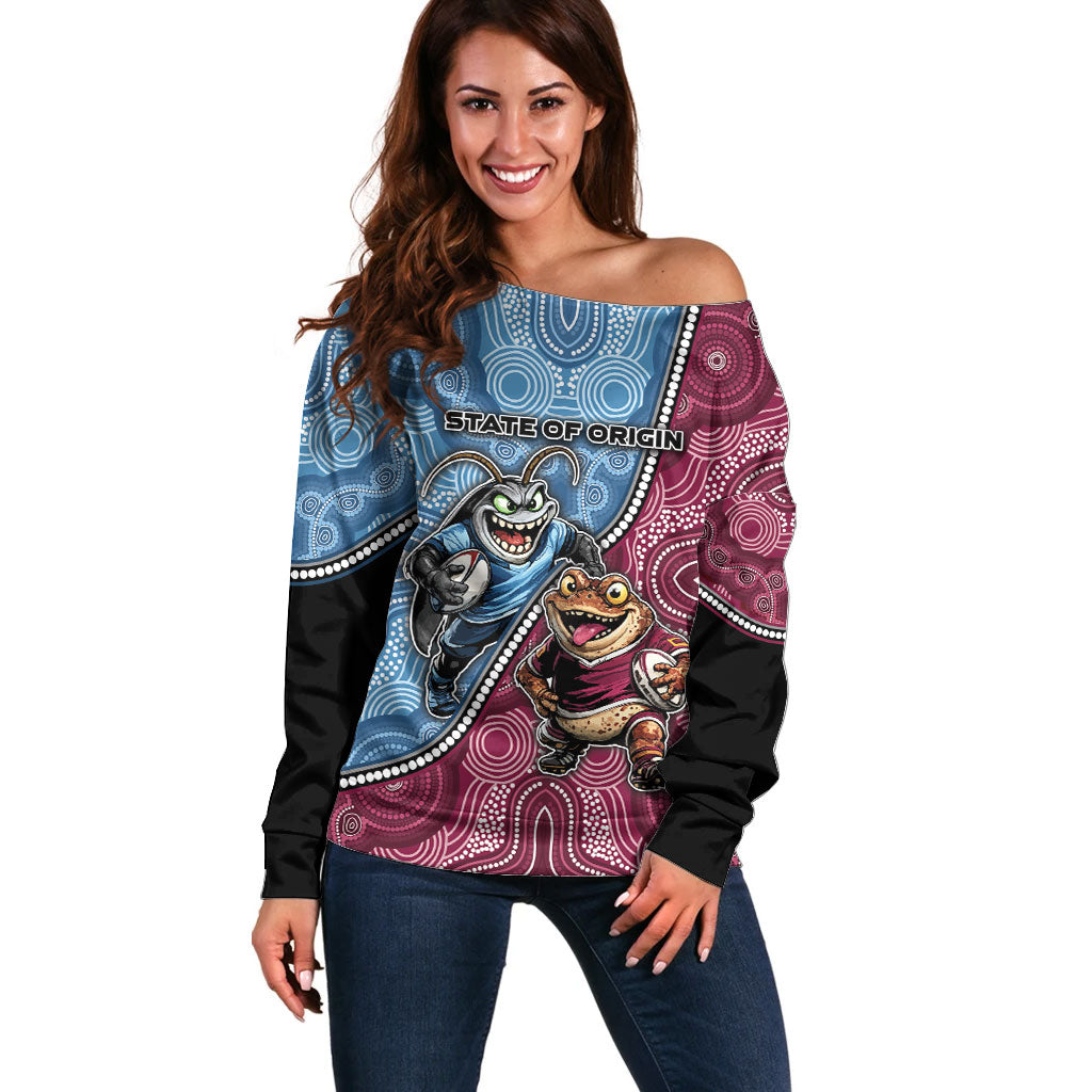 Personalised New South Wales And Queensland Off Shoulder Sweater Cockroaches With Frogs Aboriginal Art