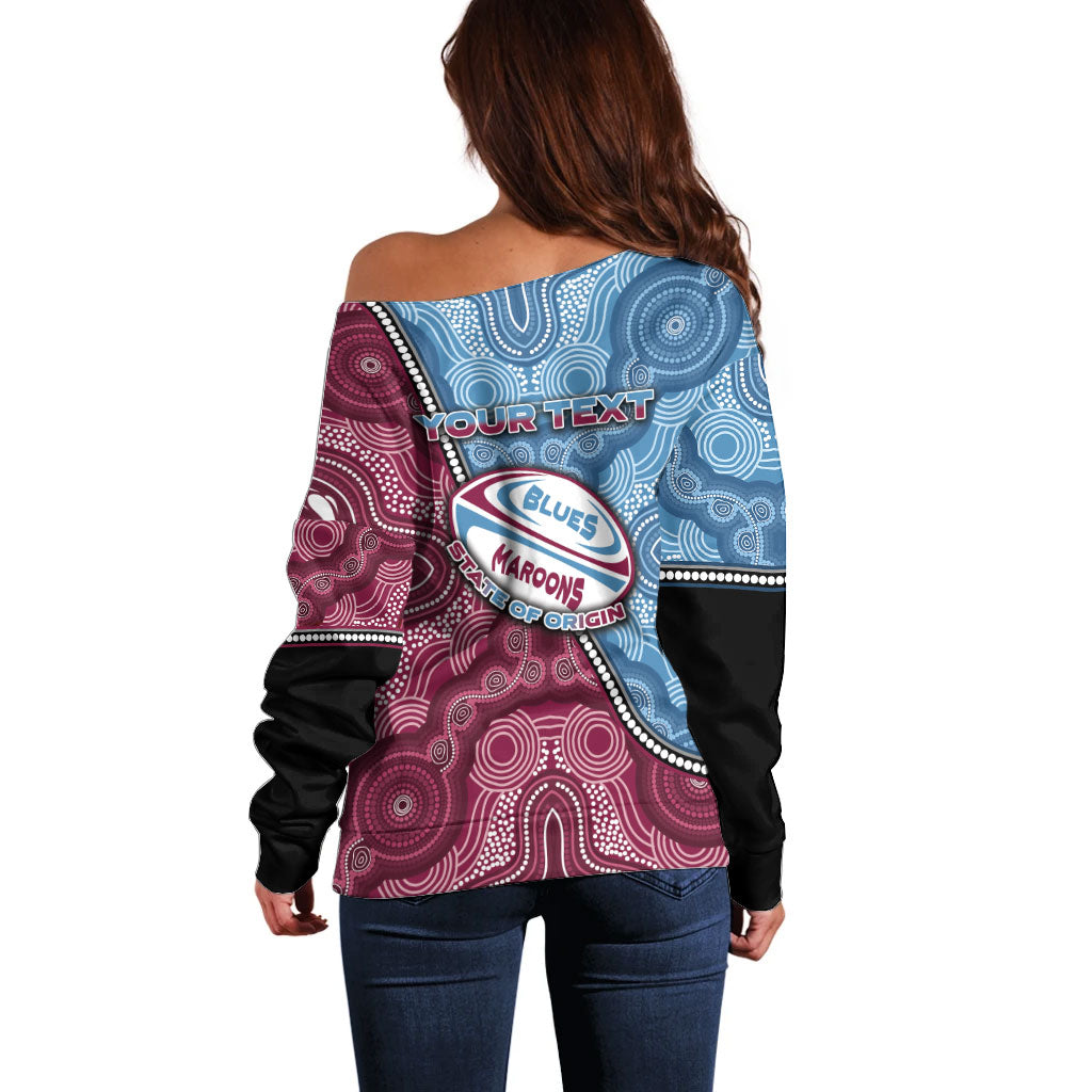 Personalised New South Wales And Queensland Off Shoulder Sweater Cockroaches With Frogs Aboriginal Art