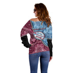Personalised New South Wales And Queensland Off Shoulder Sweater Cockroaches With Frogs Aboriginal Art